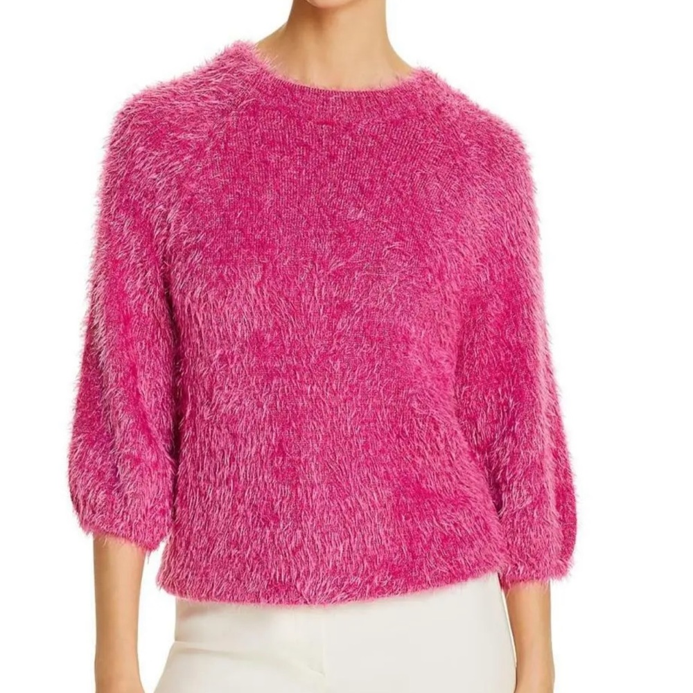 NWOT NIC+ZOE Womens Cozy Up Pullover Fuzzy Shimmer Crewneck Sweater PINK sz XXL